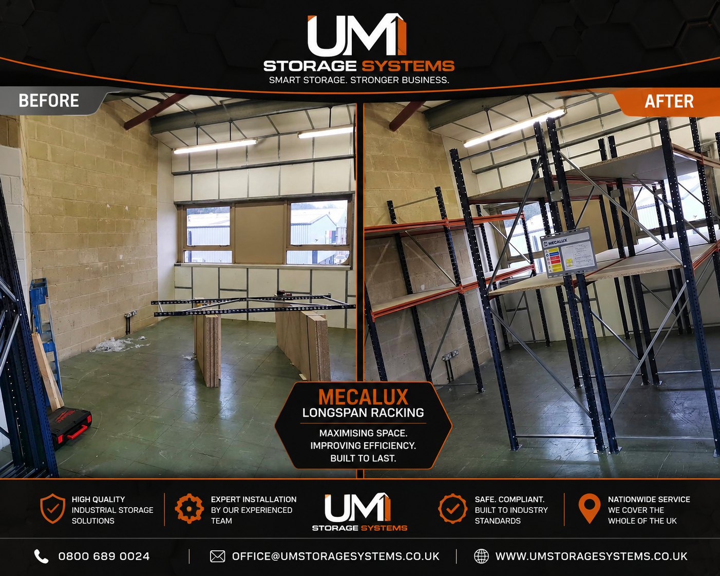 Mecalux Longspan Racking Installation - Before and After | UM Storage Systems